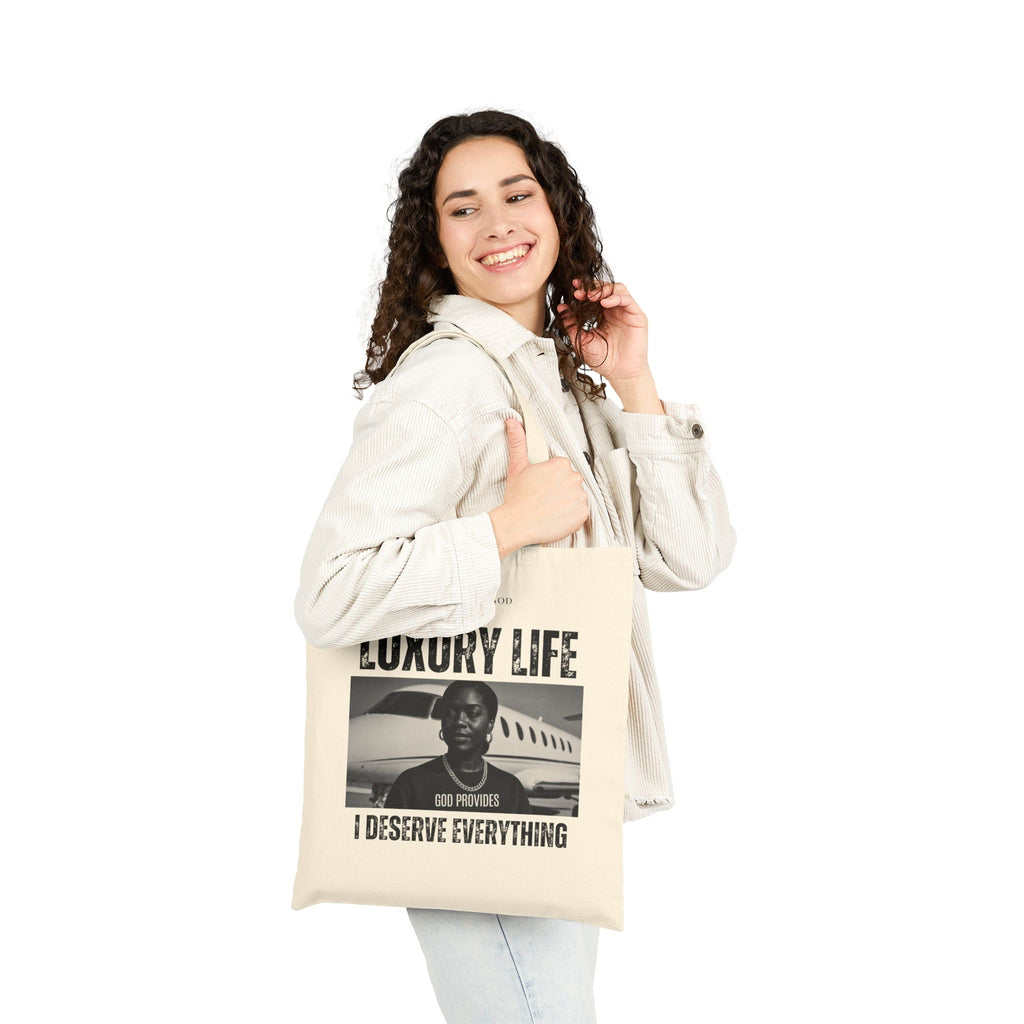 Luxury Life – I Deserve Everything Beige Cotton Canvas Tote Bag