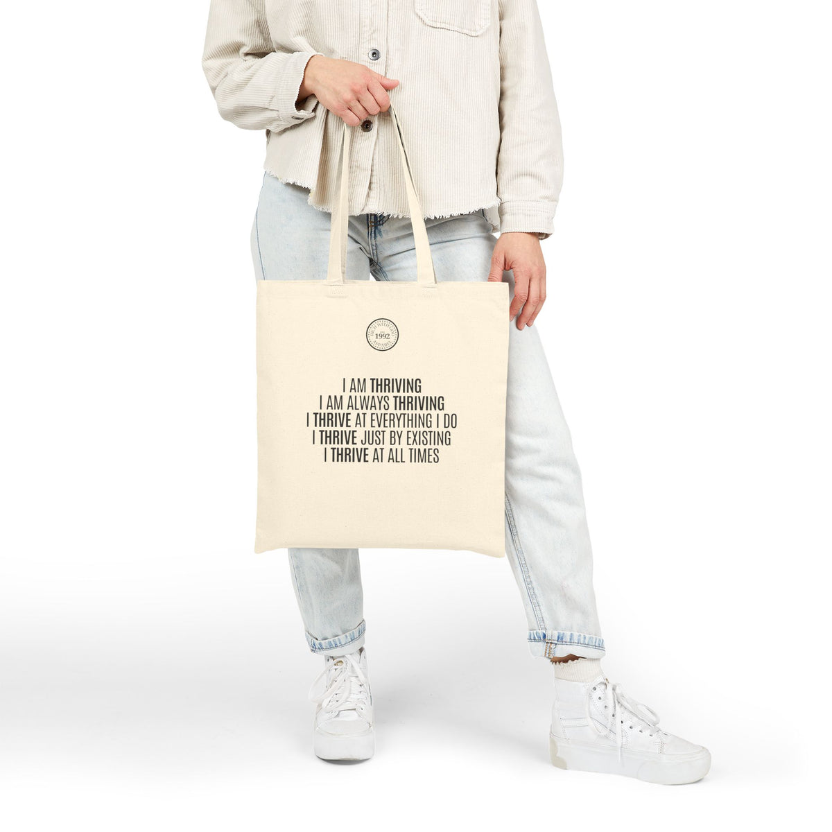 I Am Thriving Beige Cotton Canvas Tote Bag