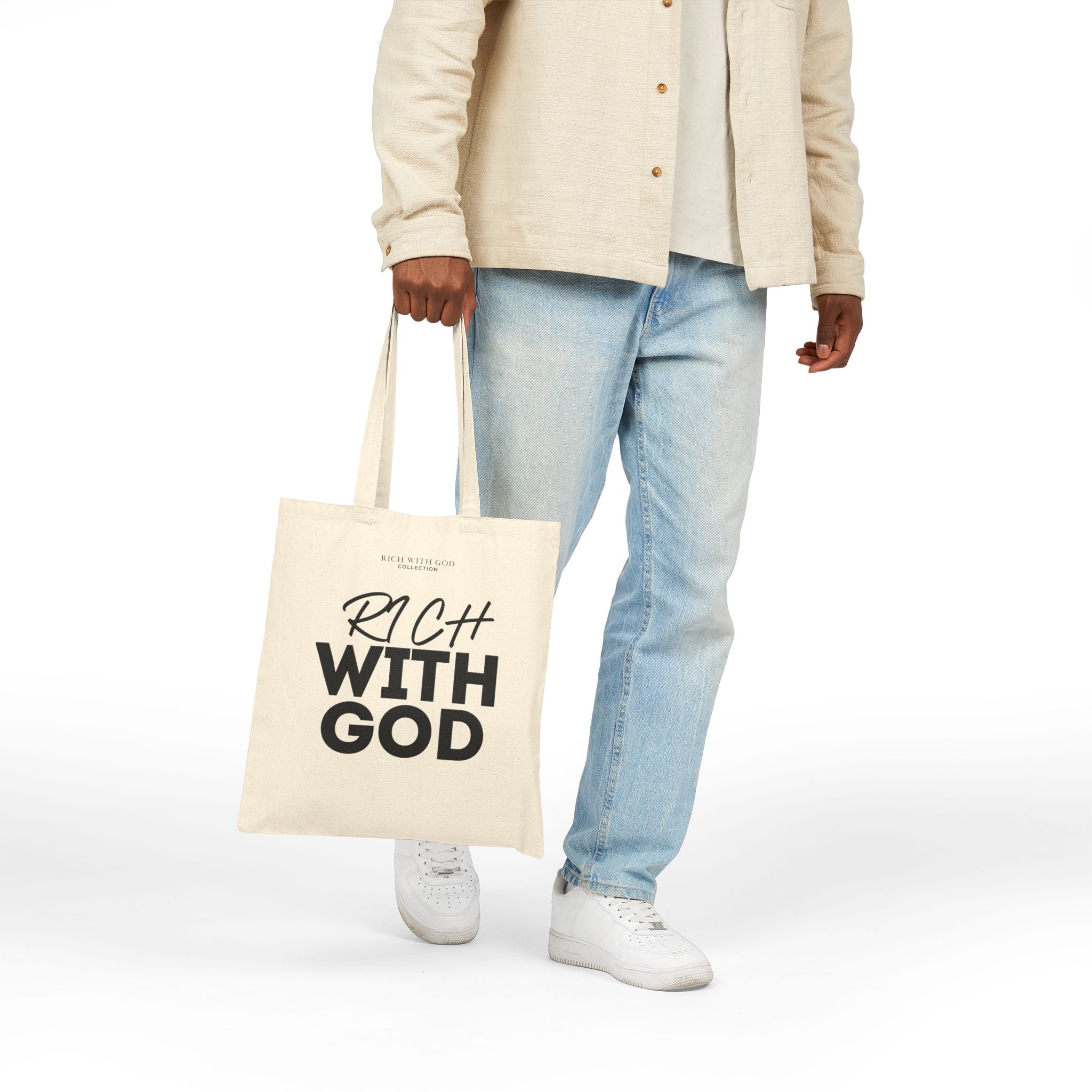 Rich With God Beige Cotton Canvas Tote Bag