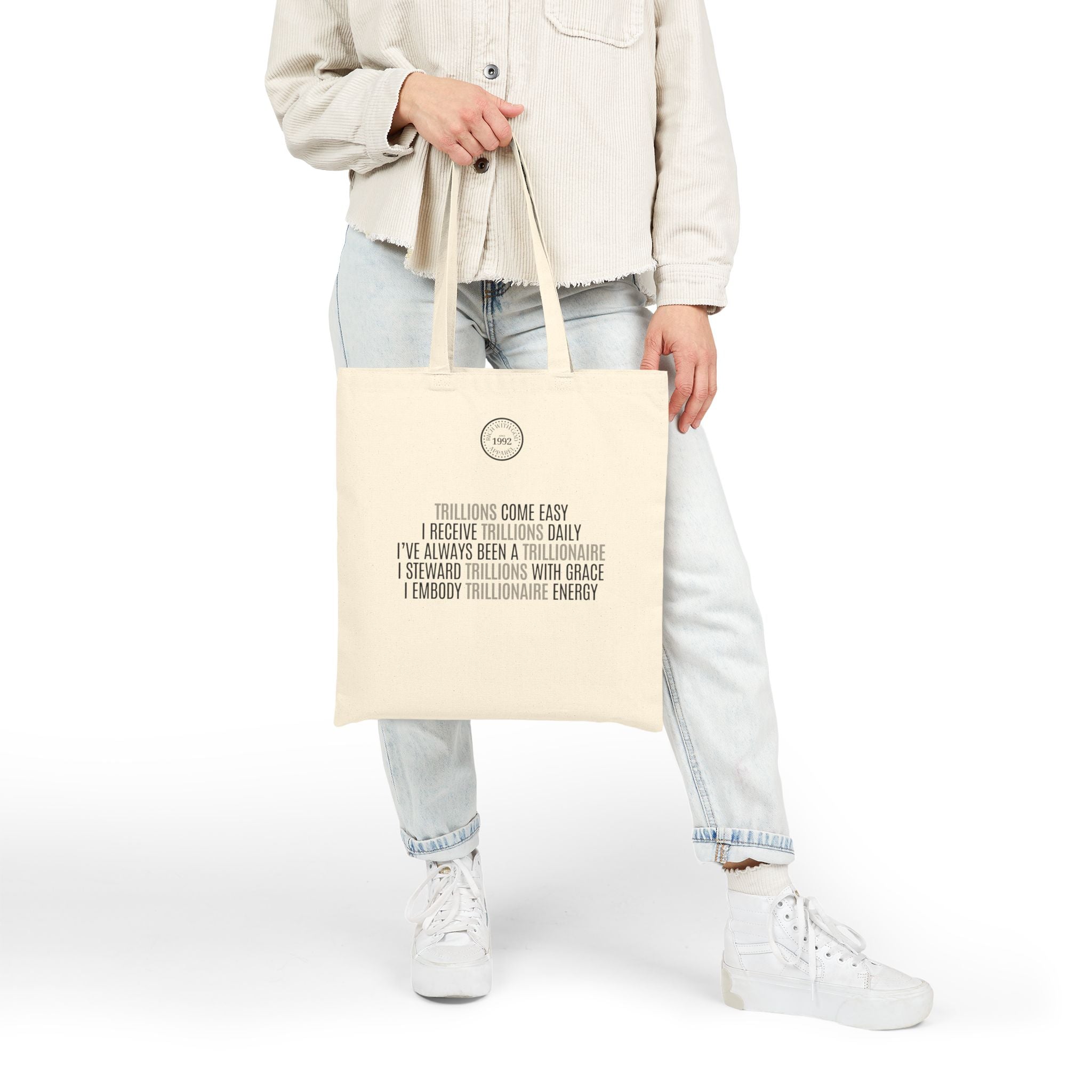 God Made Trillionaire Beige Cotton Canvas Tote Bag