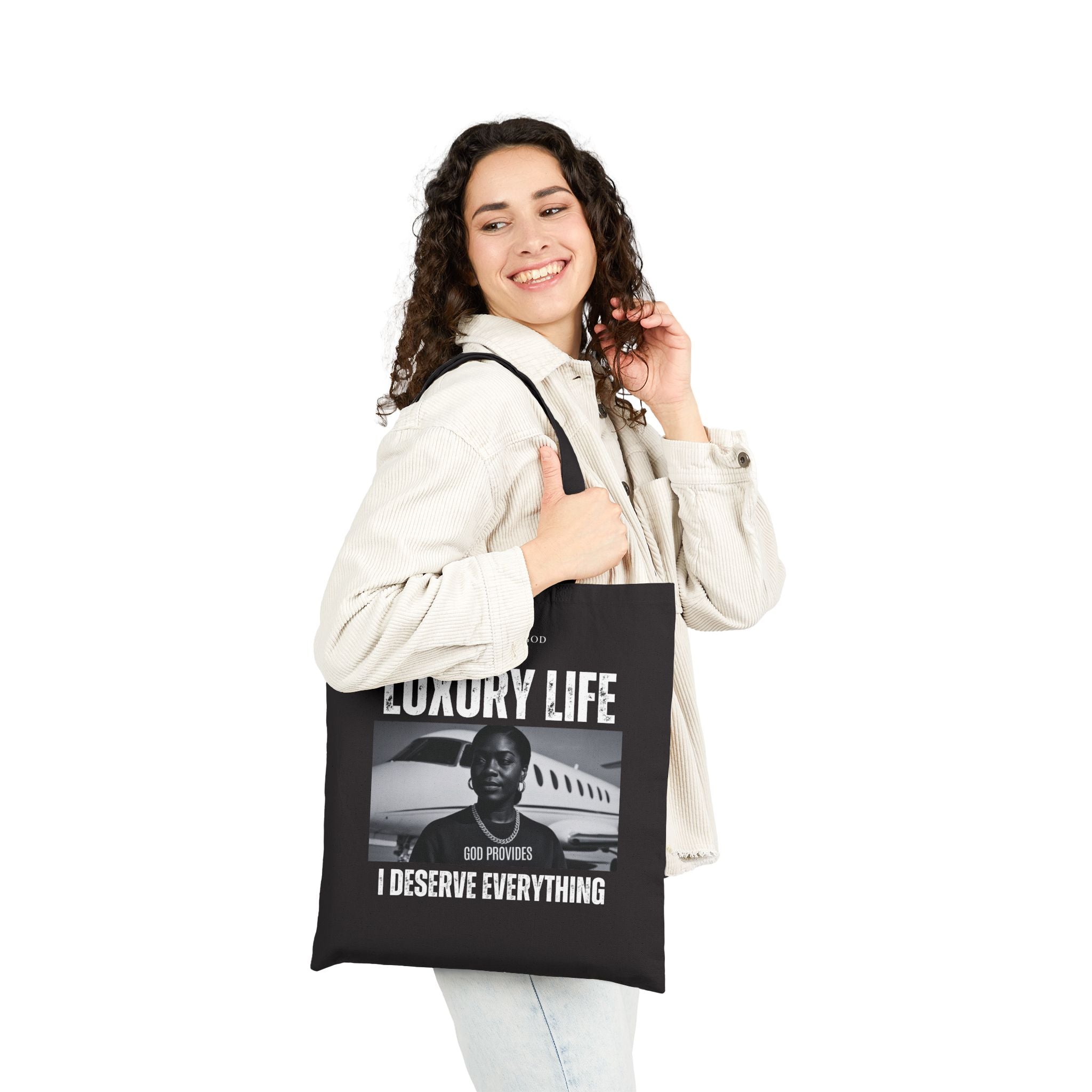 Luxury Life – I Deserve Everything Black Cotton Canvas Tote Bag