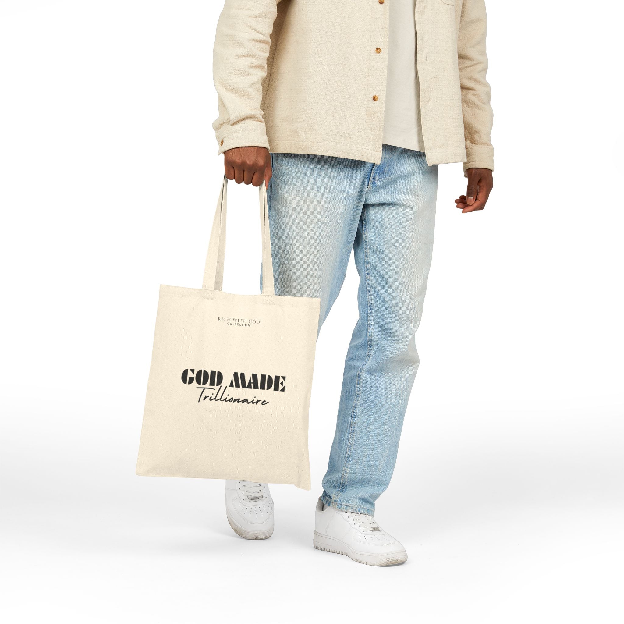 God Made Trillionaire Beige Cotton Canvas Tote Bag