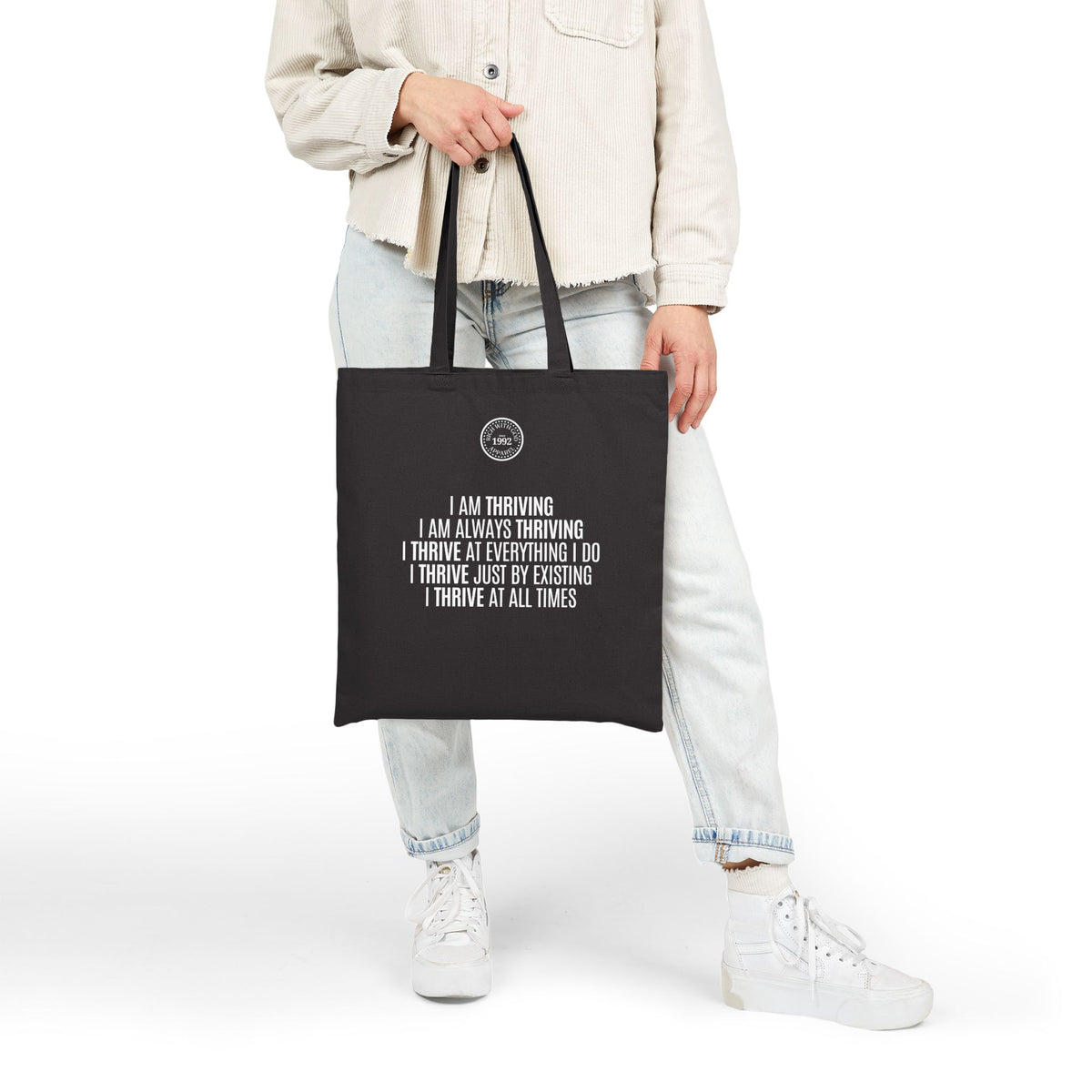 I Am Thriving Beige Cotton Canvas Tote Bag