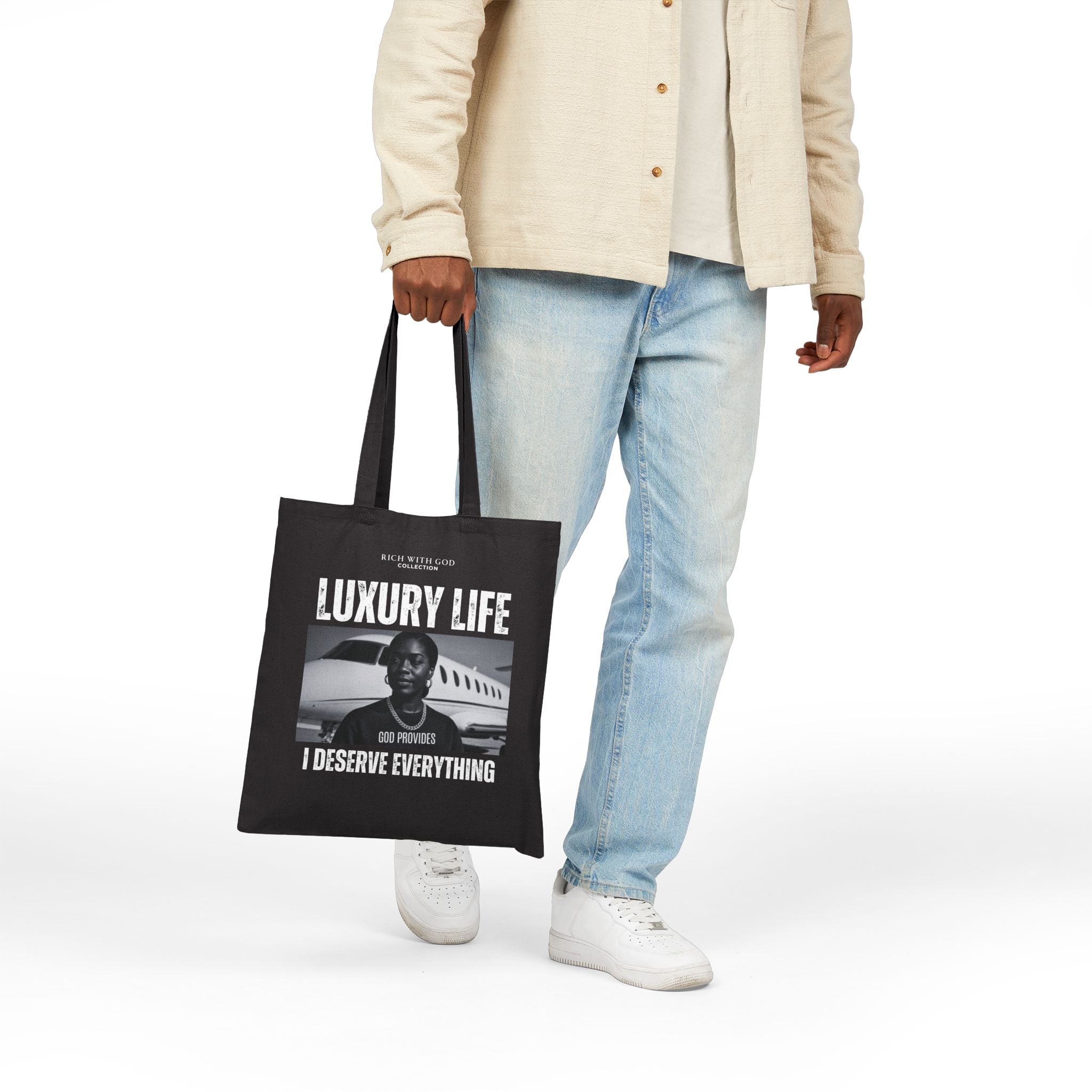 Luxury Life – I Deserve Everything Black Cotton Canvas Tote Bag