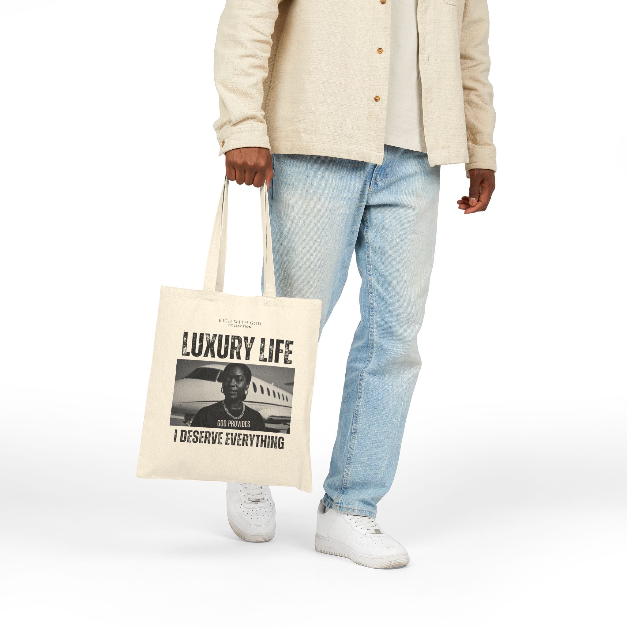 Luxury Life – I Deserve Everything Beige Cotton Canvas Tote Bag